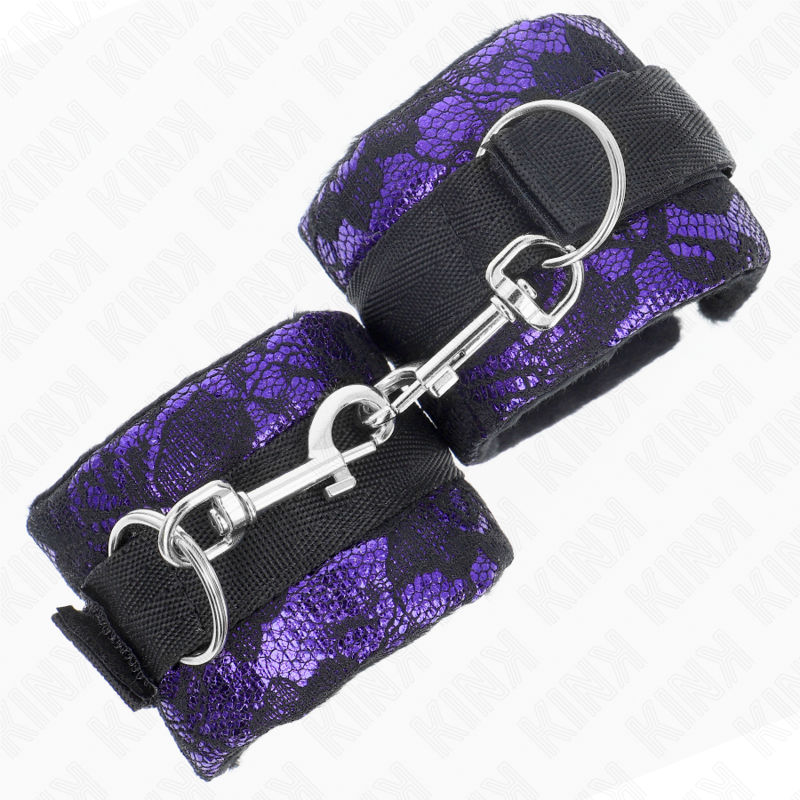 KINK - SHORT VELVET LACE WRIST RESTRAINTS AND NYLON BIND PURPLE / BLACK 23 X 6.5 CM - My naughty haven #