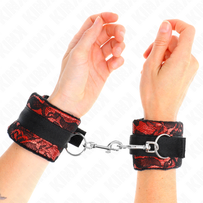 KINK - SHORT VELVET LACE WRIST RESTRAINTS AND NYLON BIND RED / BLACK 23 X 6.5 CM - My naughty haven #