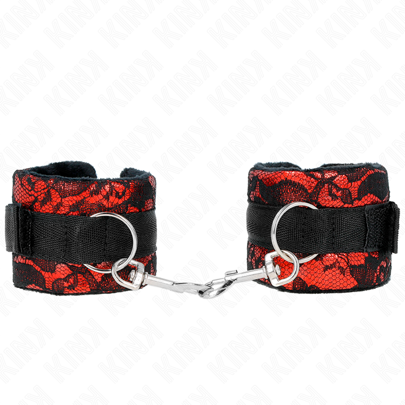 KINK - SHORT VELVET LACE WRIST RESTRAINTS AND NYLON BIND RED / BLACK 23 X 6.5 CM - My naughty haven #