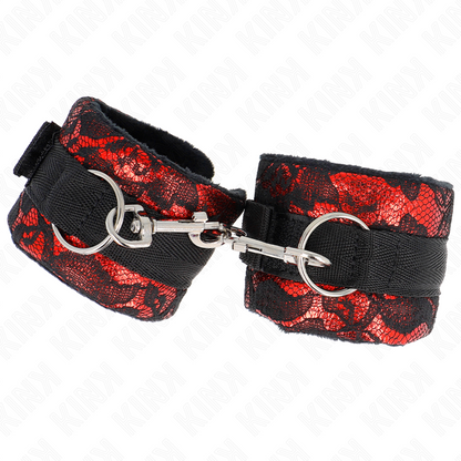 KINK - SHORT VELVET LACE WRIST RESTRAINTS AND NYLON BIND RED / BLACK 23 X 6.5 CM - My naughty haven #