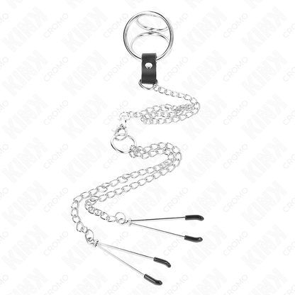 KINK - TRIPLE CHROME METAL PENIS RING 3.8 CM TO 5 CM WITH 26 CM METAL CHAIN AND NIPPLE CLAMPS MODEL 2 - My naughty haven #