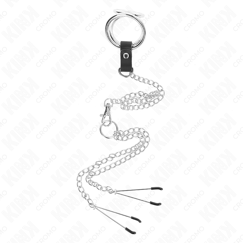 KINK - TRIPLE CHROME METAL PENIS RING 3 CM TO 4.5 CM WITH 26 CM METAL CHAIN AND NIPPLE CLIPS - My naughty haven #