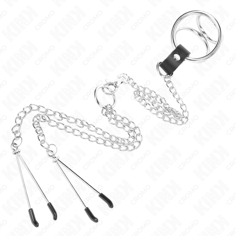 KINK - TRIPLE CHROME METAL PENIS RING 3 CM TO 4.5 CM WITH 26 CM METAL CHAIN AND NIPPLE CLIPS - My naughty haven #