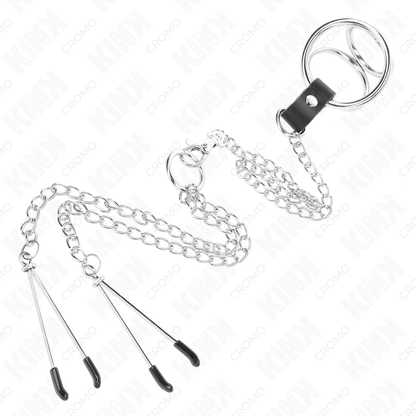 KINK - TRIPLE CHROME METAL PENIS RING 3 CM TO 4.5 CM WITH 26 CM METAL CHAIN AND NIPPLE CLIPS - My naughty haven #