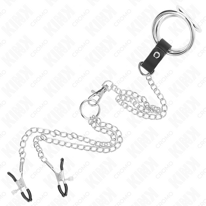 KINK - TRIPLE CHROME METAL PENIS RING 3 CM TO 4.5 CM WITH 26 CM METAL CHAIN AND NIPPLE CLIPS - My naughty haven #