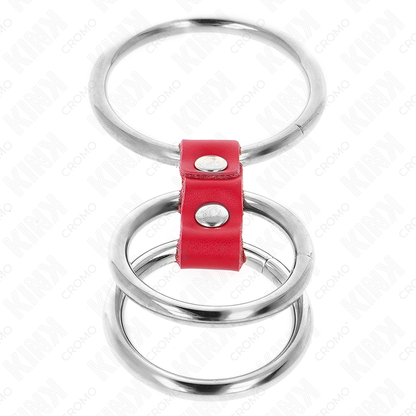 KINK - TRIPLE METAL PENIS RING 3.7 CM TO 5 CM CONNECTED WITH RED LEATHER - My naughty haven #