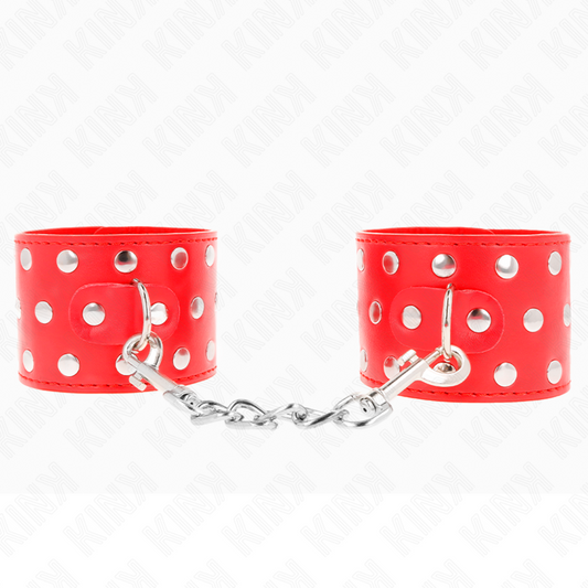 KINK - WRIST RESTRAINTS WITH SNAP FASTEN FULL OF RIVETS RED ADJUSTABLE 19-24 CM X 5.5 CM - My naughty haven #