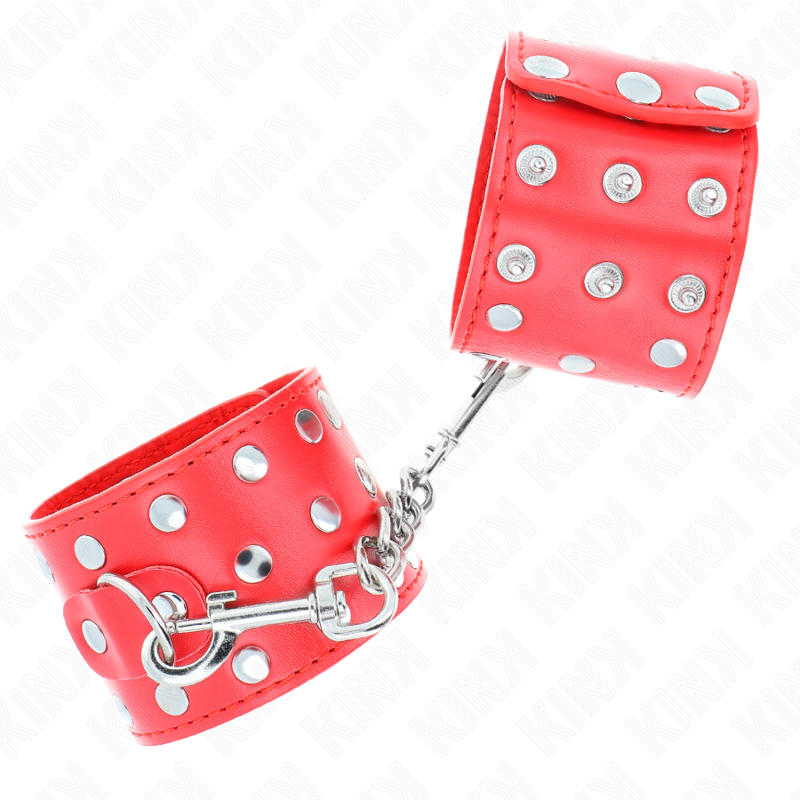 KINK - WRIST RESTRAINTS WITH SNAP FASTEN FULL OF RIVETS RED ADJUSTABLE 19-24 CM X 5.5 CM - My naughty haven #