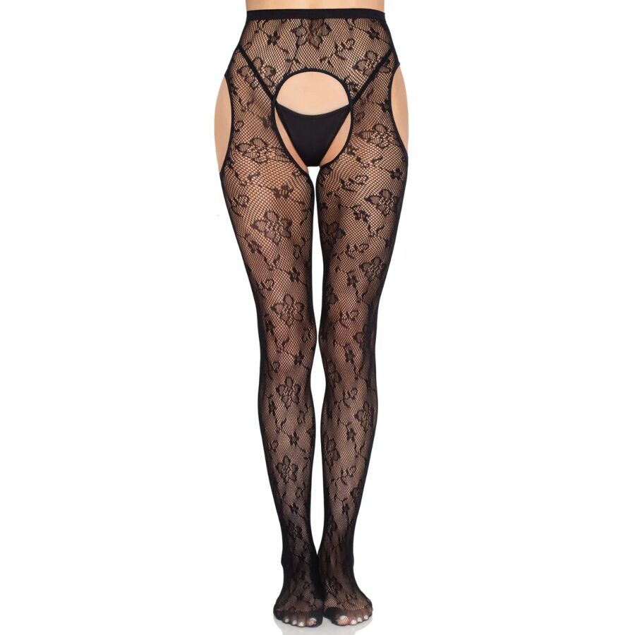 LEG AVENUE - 1967 BLOOM NET SUSPENDER TIGHTS BLACK - ONE SIZE - My naughty haven #