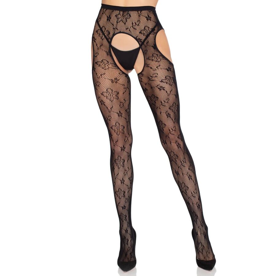 LEG AVENUE - 1967 BLOOM NET SUSPENDER TIGHTS BLACK - ONE SIZE - My naughty haven #