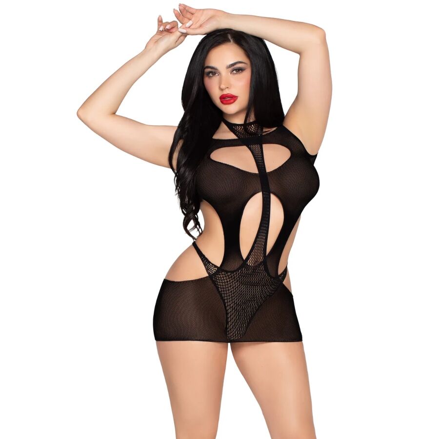 LEG AVENUE - 81680 OPAQUE MINI DRESS AND HALTER TEDDY BLACK - ONE SIZE - My naughty haven #