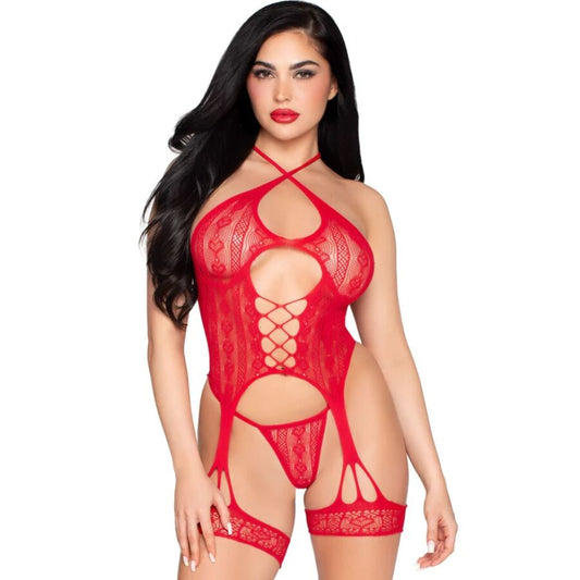LEG AVENUE - 89338 LACE OPEN BODYSUIT WITH GARTER BELT + THONG RED - ONE SIZE - My naughty haven #