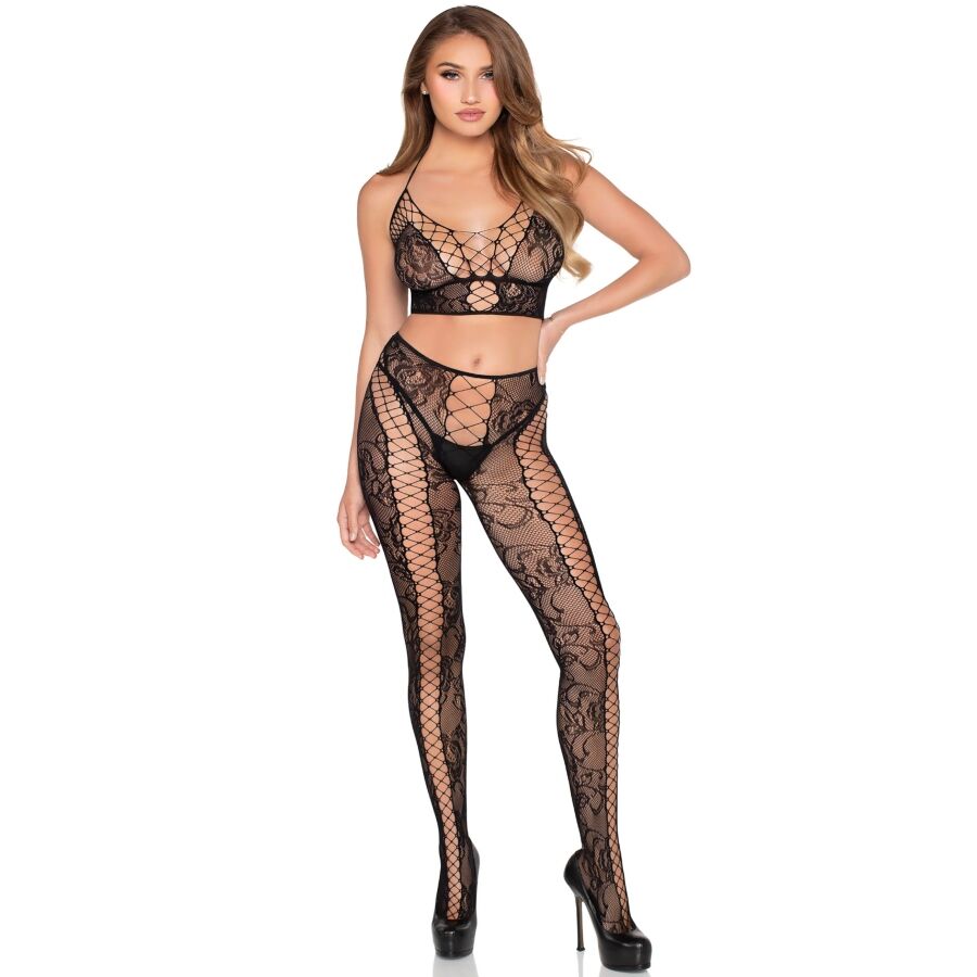 LEG AVENUE - 89368 NET & LACE CROP TOP AND TIGHTS BLACK - ONE SIZE - My naughty haven #