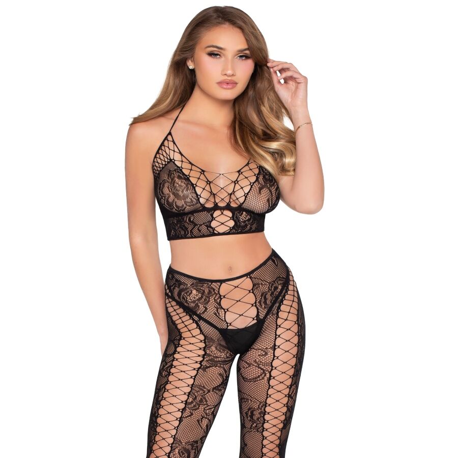 LEG AVENUE - 89368 NET & LACE CROP TOP AND TIGHTS BLACK - ONE SIZE - My naughty haven #
