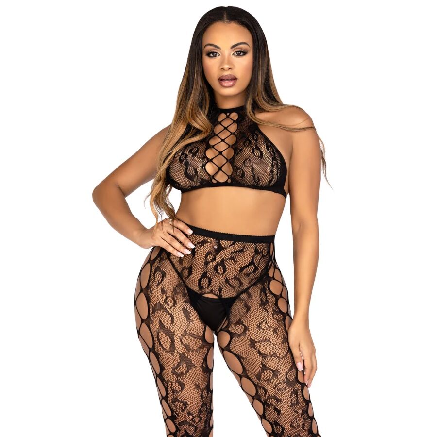 LEG AVENUE - 89372 CROP TOP & CROTCHLESS TIGHTS BLACK - ONE SIZE - My naughty haven #