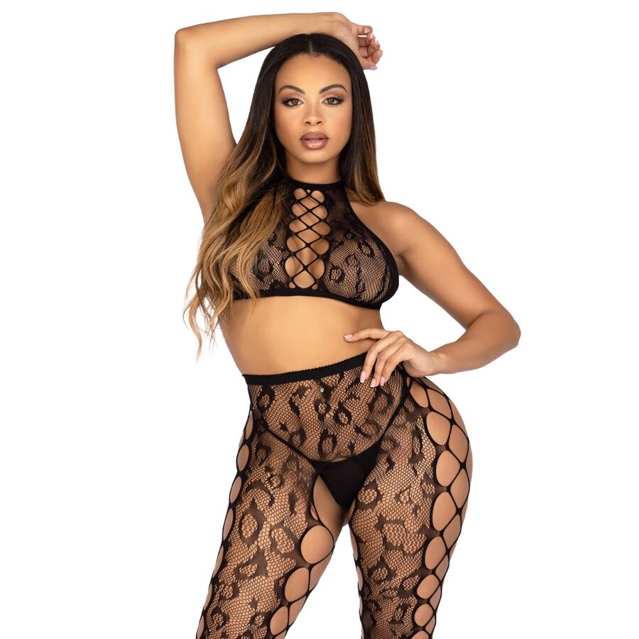 LEG AVENUE - 89372 CROP TOP & CROTCHLESS TIGHTS BLACK - ONE SIZE - My naughty haven #
