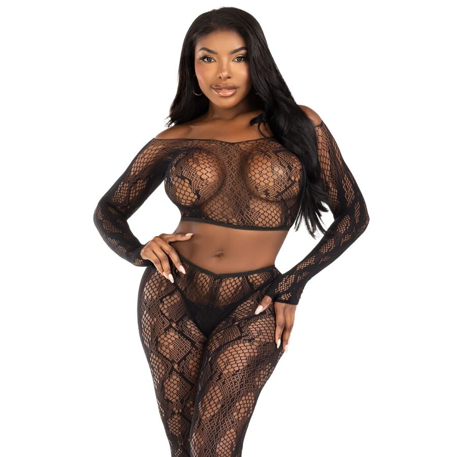 LEG AVENUE - 89373 PYTHON CROP TOP & FOOTLESS TIGHTS BLACK - ONE SIZE - My naughty haven #