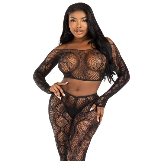LEG AVENUE - 89373 PYTHON CROP TOP & FOOTLESS TIGHTS BLACK - ONE SIZE - My naughty haven #