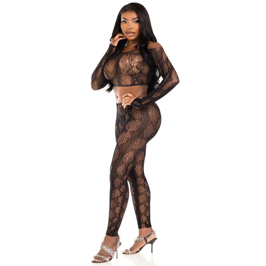 LEG AVENUE - 89373 PYTHON CROP TOP & FOOTLESS TIGHTS BLACK - ONE SIZE - My naughty haven #