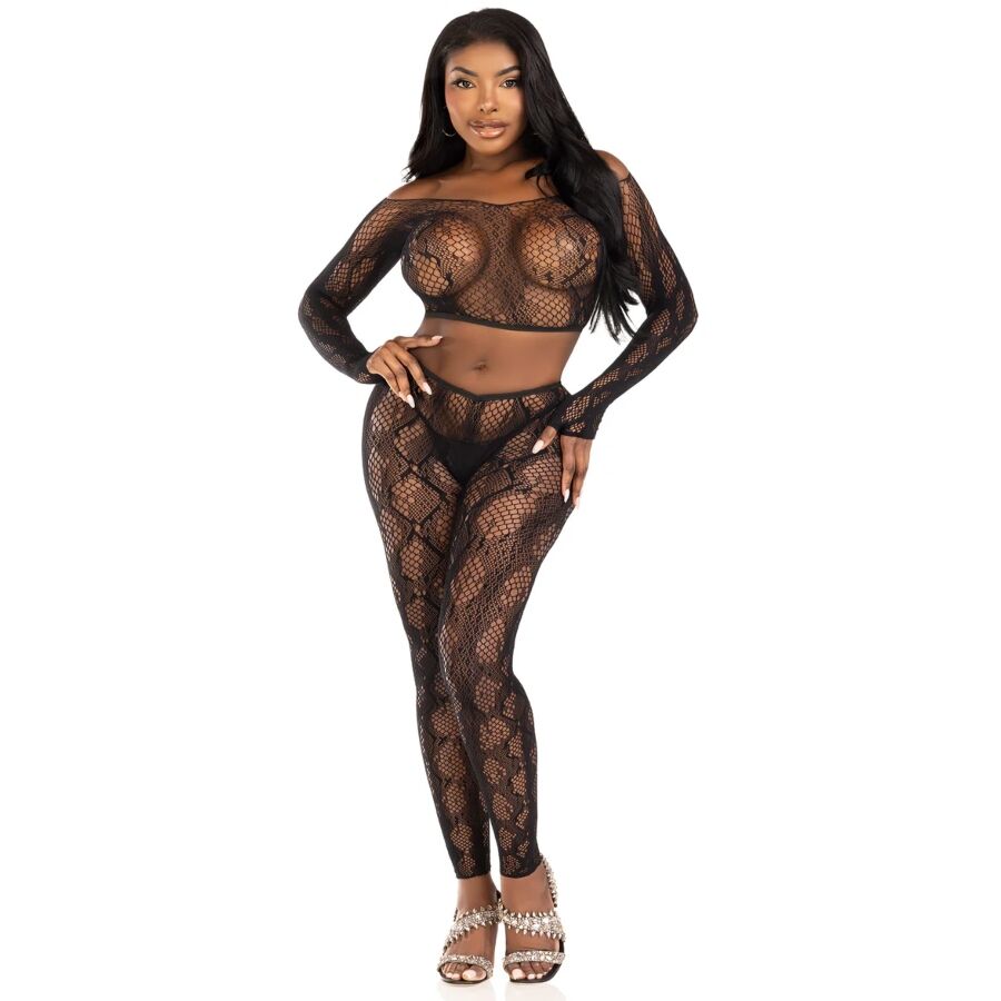LEG AVENUE - 89373 PYTHON CROP TOP & FOOTLESS TIGHTS BLACK - ONE SIZE - My naughty haven #