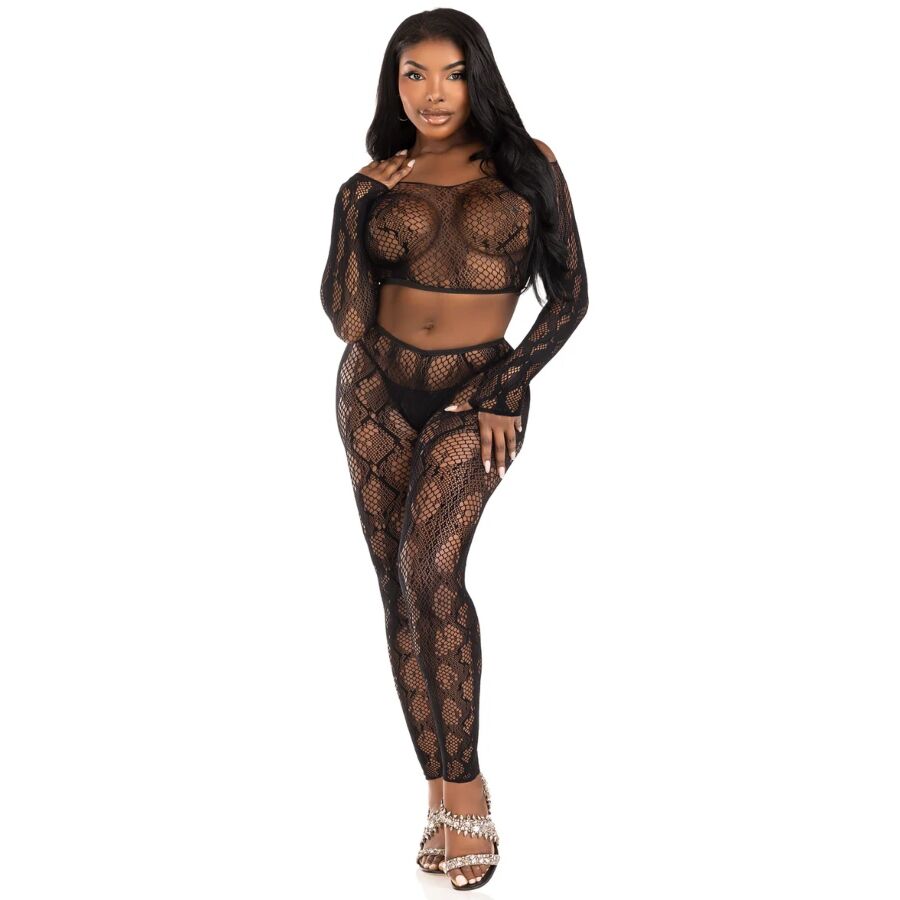 LEG AVENUE - 89373 PYTHON CROP TOP & FOOTLESS TIGHTS BLACK - ONE SIZE - My naughty haven #