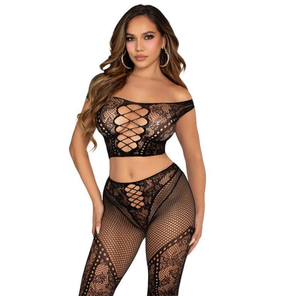 LEG AVENUE - CROP TOP AND FISHNET LEGGING WITH BARE SHOULDERS BLACK - My naughty haven #
