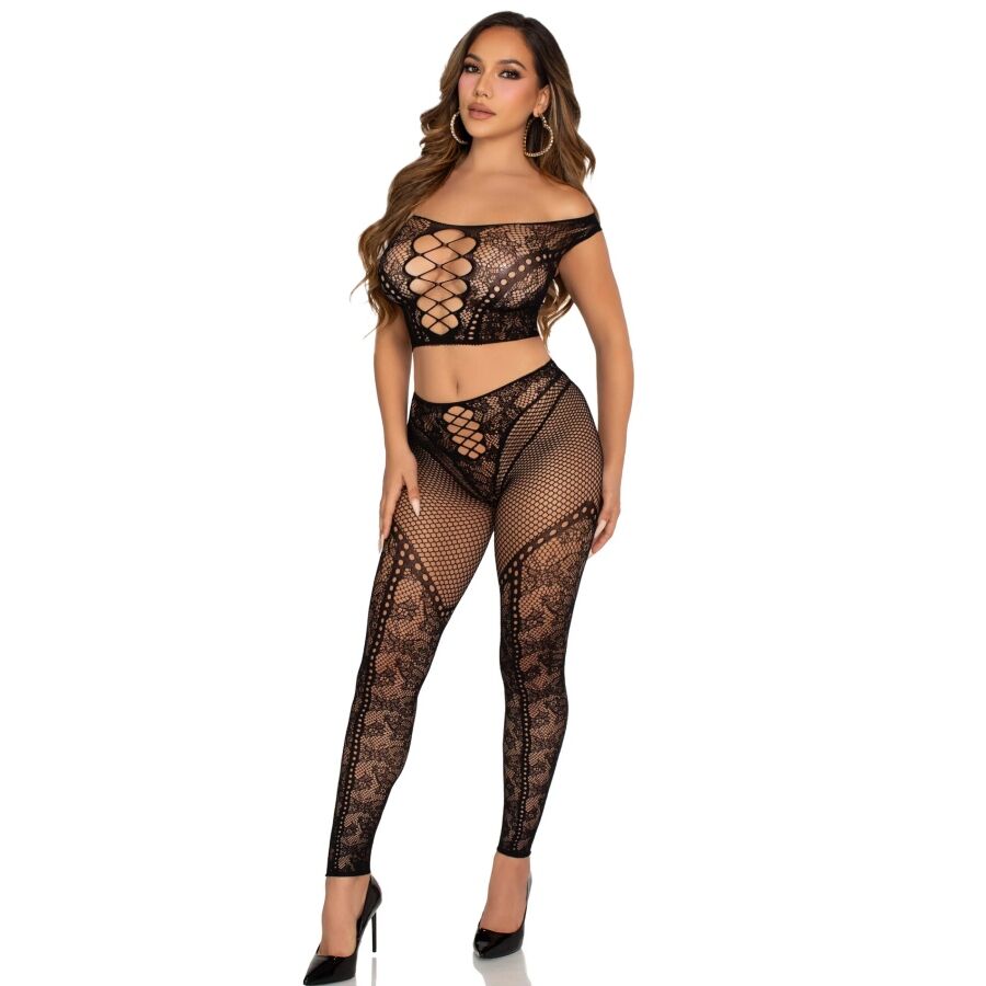LEG AVENUE - CROP TOP AND FISHNET LEGGING WITH BARE SHOULDERS BLACK - My naughty haven #