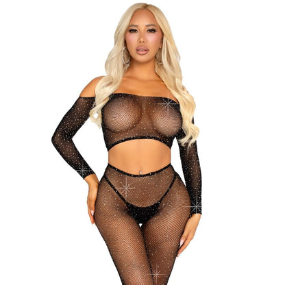 LEG AVENUE - CROP TOP AND FISHNET LEGGING WITH RHINESTONES BLACK - My naughty haven #