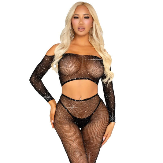 LEG AVENUE - CROP TOP AND FISHNET LEGGING WITH RHINESTONES BLACK - My naughty haven #