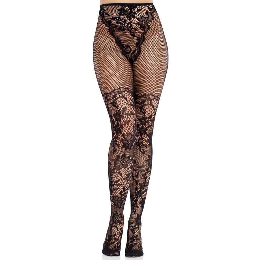 LEG AVENUE - DAHLIA LACE STOCKINGS WITH NET DETAIL BLACK - My naughty haven #