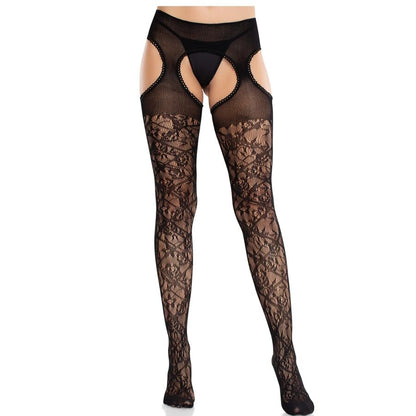 LEG AVENUE - FLORAL LACE STOCKINGS WITH GARTERS UNITED BLACK - My naughty haven #