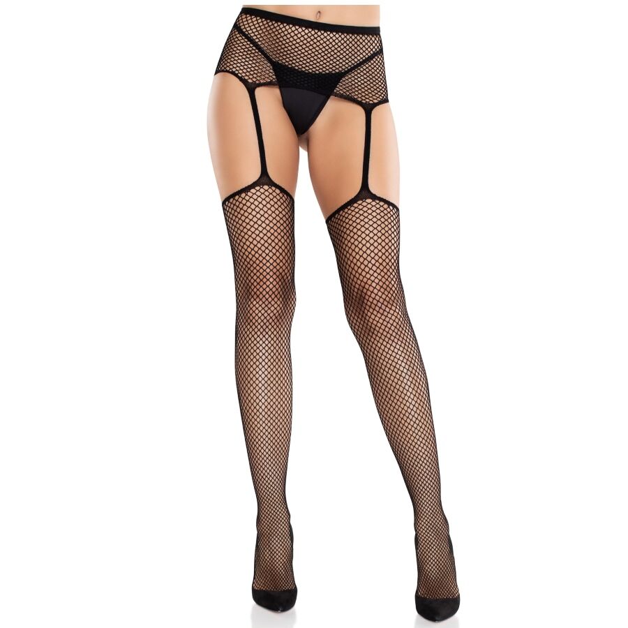 LEG AVENUE - LACE STOCKINGS WITH CROSS AND GARTER BELT BLACK - My naughty haven #