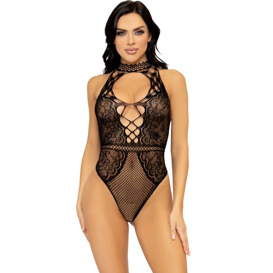 LEG AVENUE - NET AND LACE KEYHOLE HALTER BODYSUIT ONE SIZE - My naughty haven #
