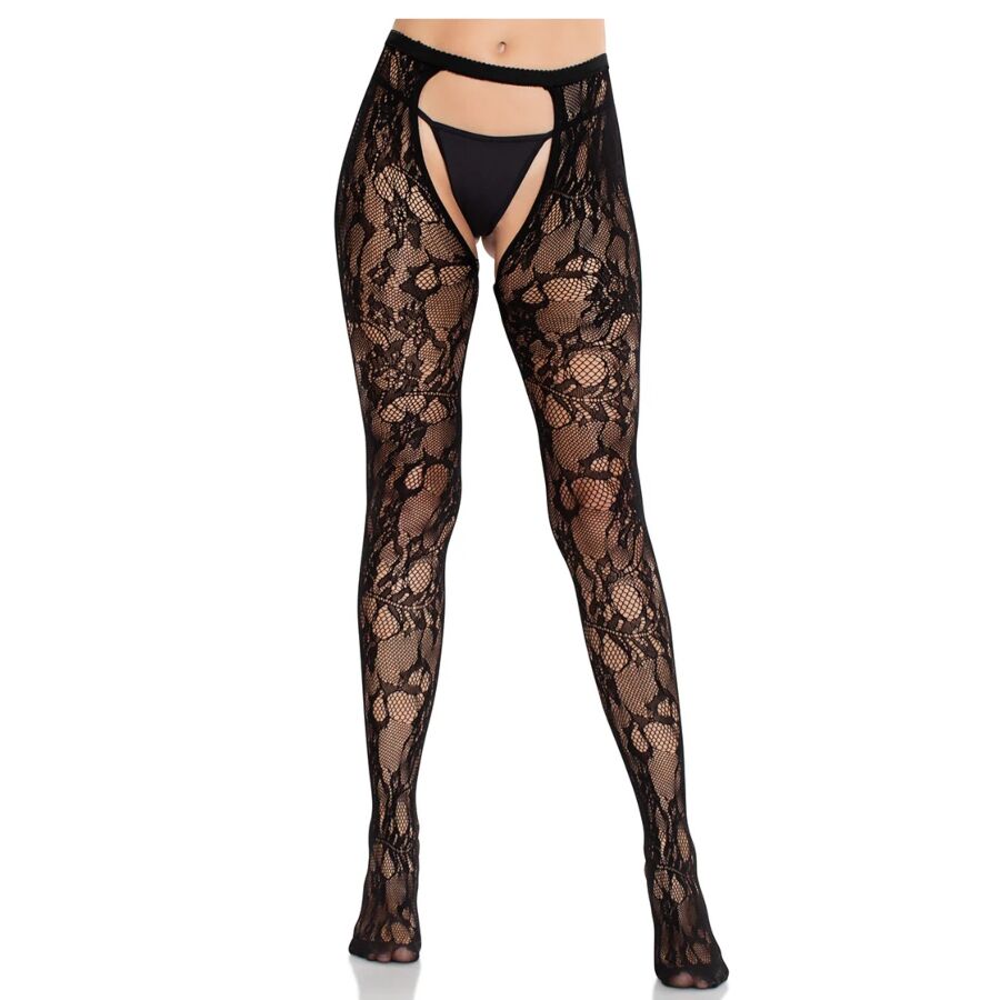LEG AVENUE - ROSE LACE STOCKINGS WITH OPEN BACK BLACK - My naughty haven #