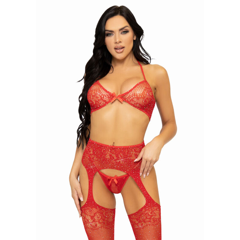LEG AVENUE - THREE PIECES SET BRA, STRING AND STOCKING ONE SIZE - BLACK - My naughty haven #