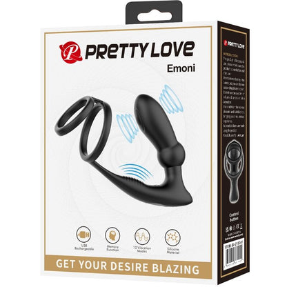 PRETTY LOVE - EMONI PENIS RING + ANAL PLUG 12 VIBRATIONS BLACK - My naughty haven #