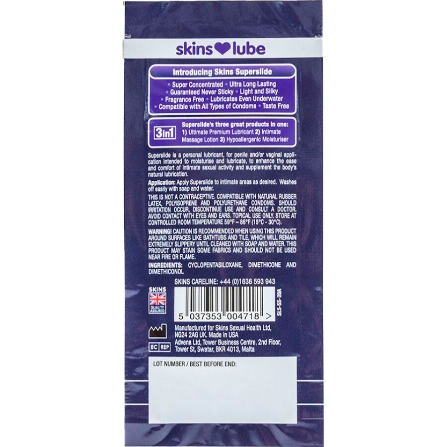 SKINS - SUPERSLIDE SILICONE-BASED LUBRICANT SINGLE-DOSE 5 ML - My naughty haven #