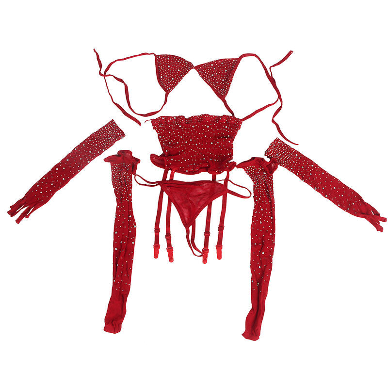 SUBBLIME - 952181 FISHNET BODYSTOCKING WITH GLOVES AND DIAMONDS RED ONE SIZE - My naughty haven #