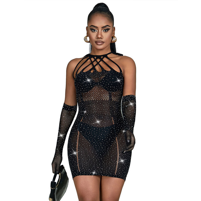 SUBBLIME - 952235 FISHNET DRESS WITH RHINESTONES  BLACK ONE SIZE - My naughty haven #