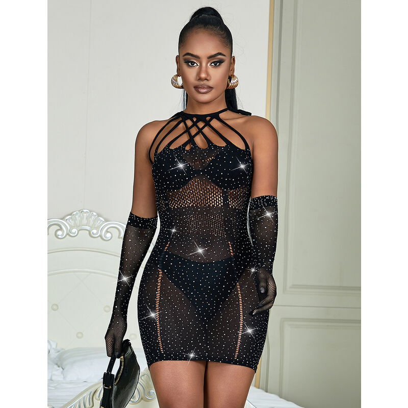 SUBBLIME - 952235 FISHNET DRESS WITH RHINESTONES  BLACK ONE SIZE - My naughty haven #