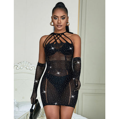 SUBBLIME - 952235 FISHNET DRESS WITH RHINESTONES  BLACK ONE SIZE - My naughty haven #