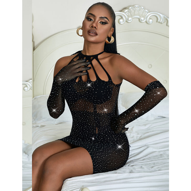 SUBBLIME - 952235 FISHNET DRESS WITH RHINESTONES  BLACK ONE SIZE - My naughty haven #