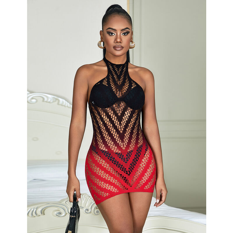 SUBBLIME - 952242 RED AND BLACK DEGRADED ELASTIC FISHNET DRESS ONE SIZE - My naughty haven #