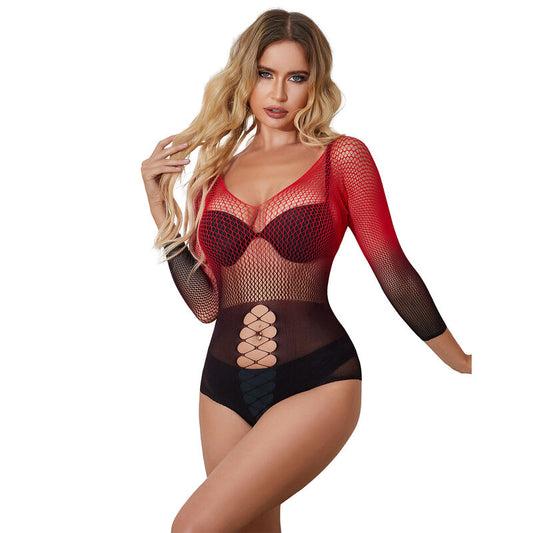 SUBBLIME - 952259 RED AND BLACK GRADIENT LONG SLEEVE ELASTIC FISHNET DRESS ONE SIZE - My naughty haven #