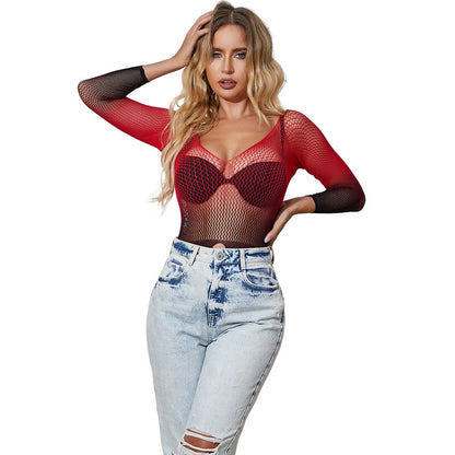 SUBBLIME - 952259 RED AND BLACK GRADIENT LONG SLEEVE ELASTIC FISHNET DRESS ONE SIZE - My naughty haven #
