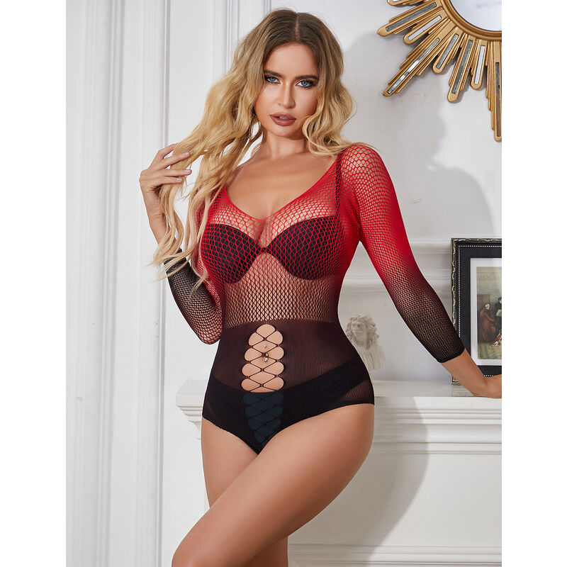 SUBBLIME - 952259 RED AND BLACK GRADIENT LONG SLEEVE ELASTIC FISHNET DRESS ONE SIZE - My naughty haven #