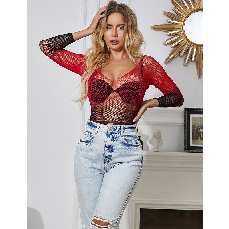 SUBBLIME - 952259 RED AND BLACK GRADIENT LONG SLEEVE ELASTIC FISHNET DRESS ONE SIZE - My naughty haven #