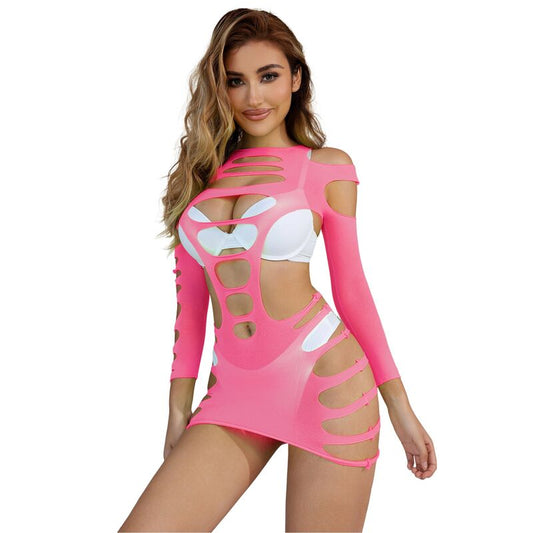 SUBBLIME - 952273 LONG SLEEVE ELASTIC FISHNET DRESS PINK ONE SIZE - My naughty haven #