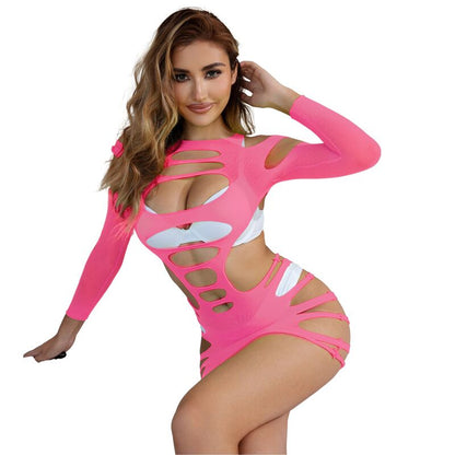SUBBLIME - 952273 LONG SLEEVE ELASTIC FISHNET DRESS PINK ONE SIZE - My naughty haven #