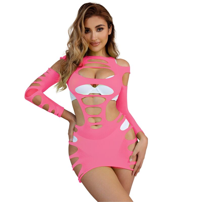 SUBBLIME - 952273 LONG SLEEVE ELASTIC FISHNET DRESS PINK ONE SIZE - My naughty haven #